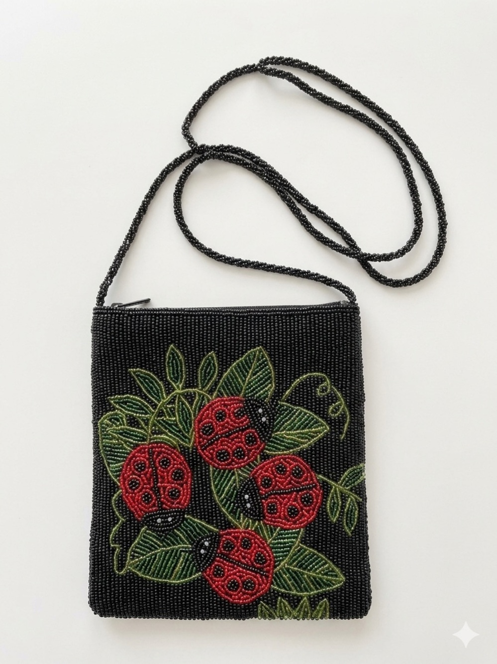 Ermo Beaded Ladybug Crossbody Bag - Black with Red & Green Embroidery